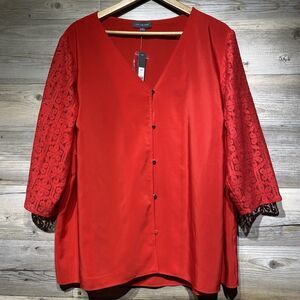 The Limited Red Button-Up Top Blouse Crochet Lace Sleeves Silky V-Neck Size 2X
